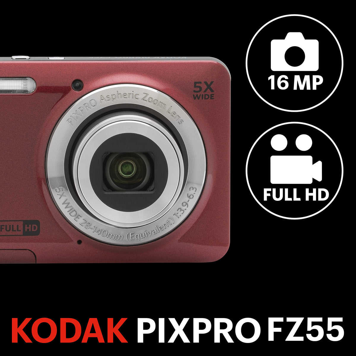 Kodak PIXPRO FZ55-RD 28mm wide-angle lens captures landscapes and group photos.