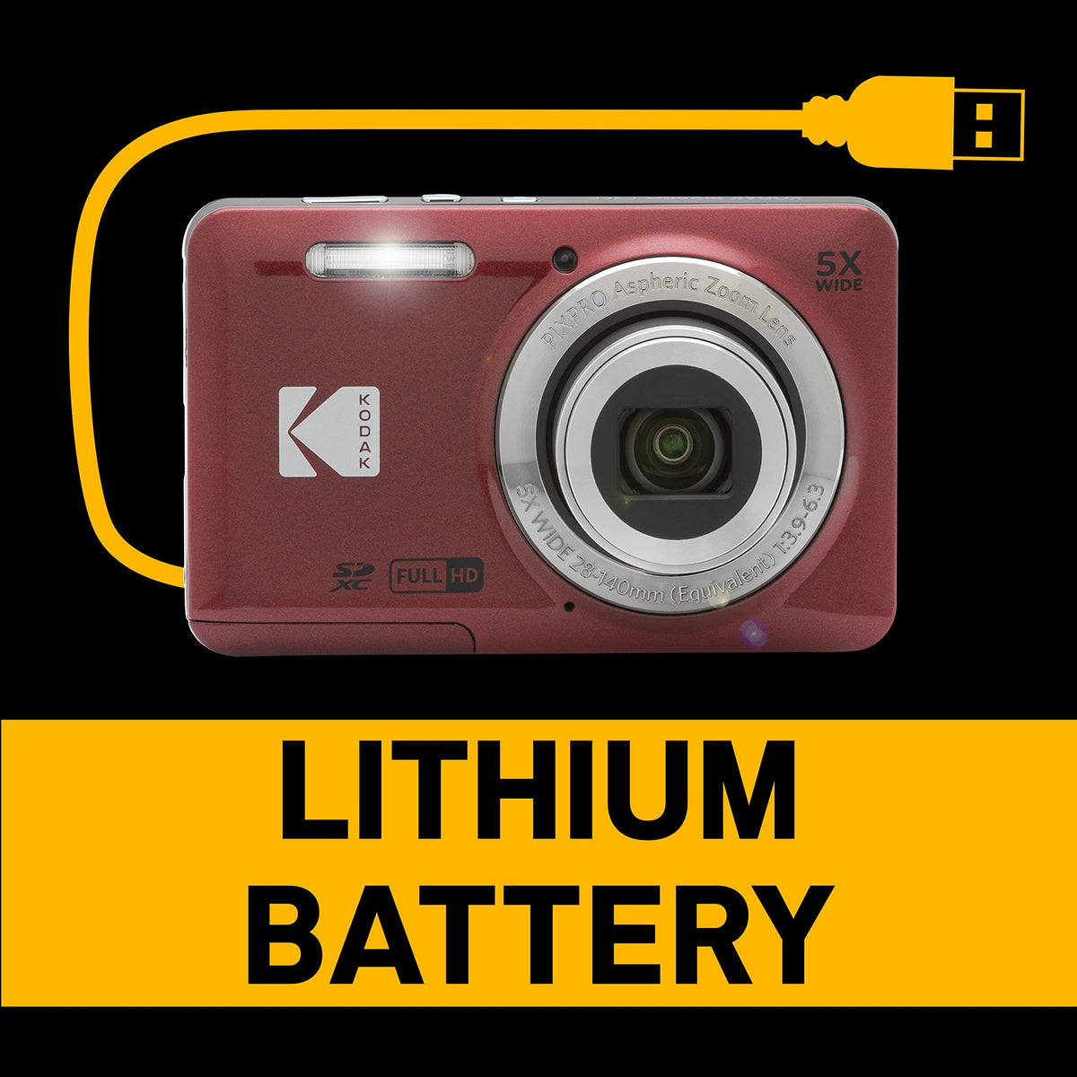 Kodak PIXPRO FZ55-RD 2.7-inch LCD and rechargeable battery support on-the-go use.
