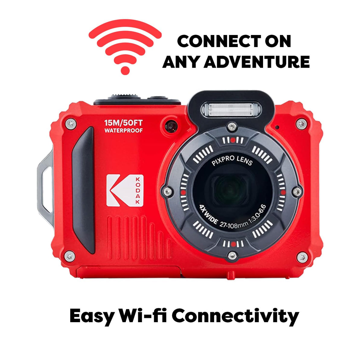 Kodak PIXPRO WPZ2 red waterproof camera back view with rugged grip for outdoor use