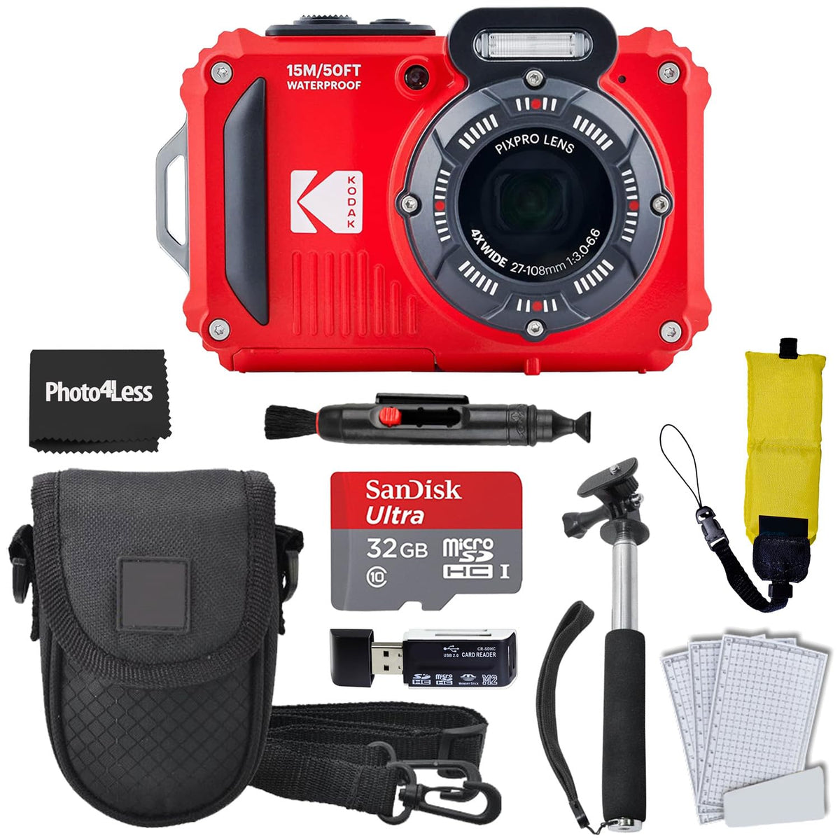 Kodak PIXPRO WPZ2 red waterproof camera front view for underwater shooting