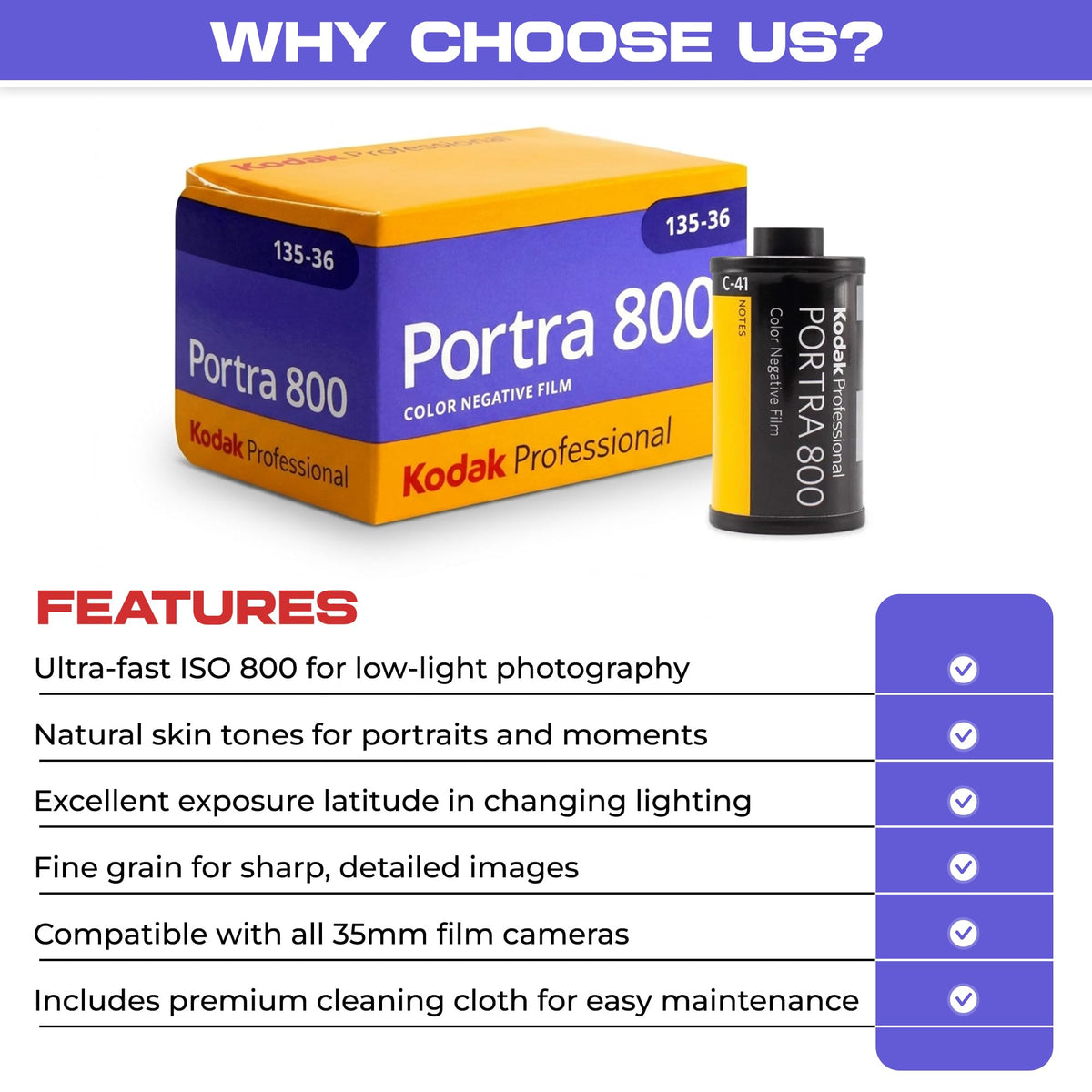 Balveli included cloth with Kodak Portra 800 2Pack supports safe handling in difficult light.
