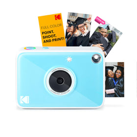 KODAK Printomatic+ Blue front view showcasing a compact, travel-ready camera for instant keepsakes