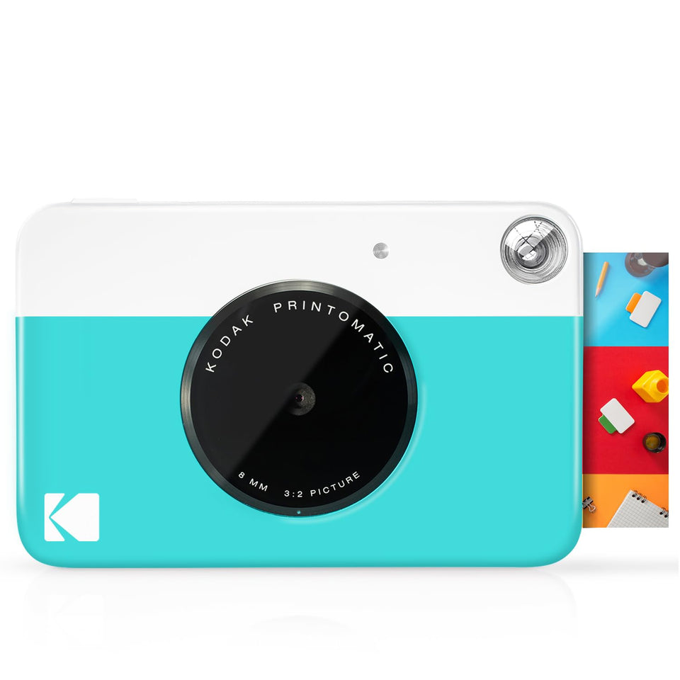 Kodak Printomatic blue front view showing compact design and instant 2x3 prints.