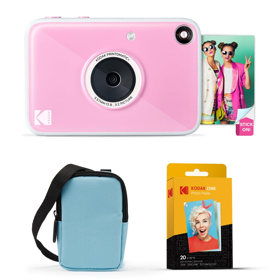 Kodak Printomatic camera in blue bundle, ready to capture and print instantly.