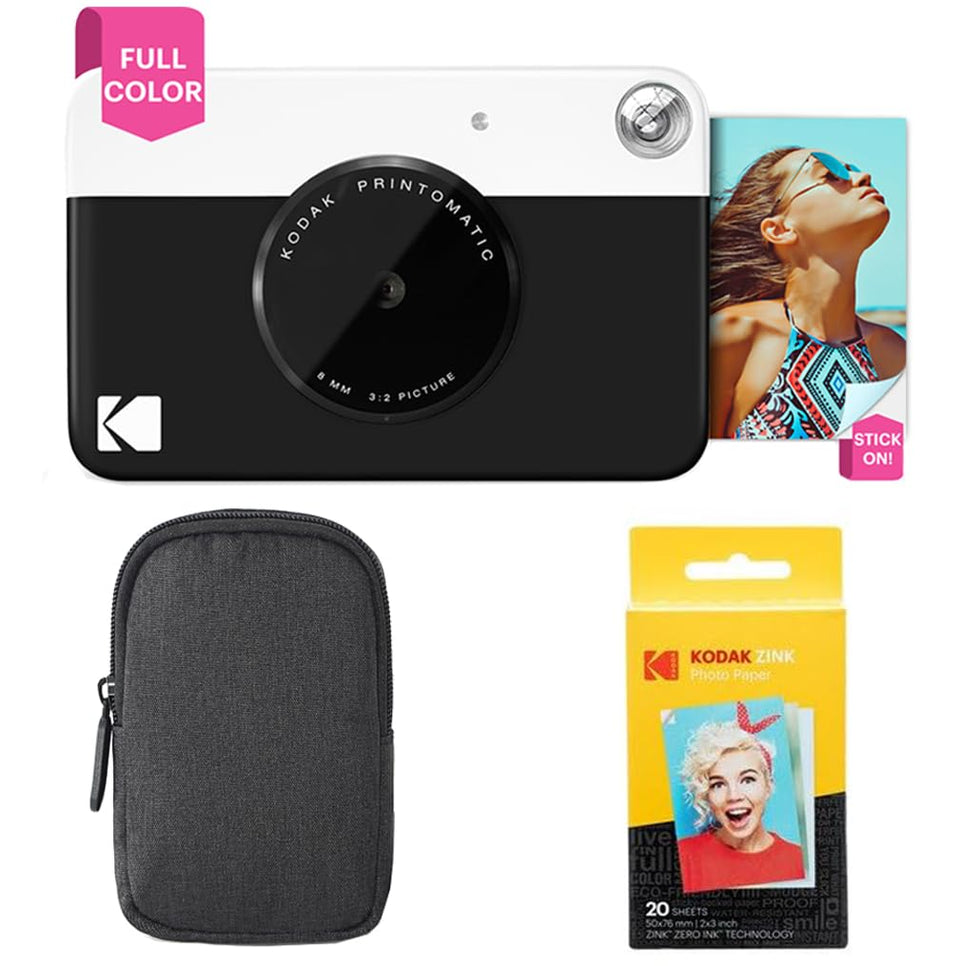 Kodak Printomatic black camera front view highlights instant print capability