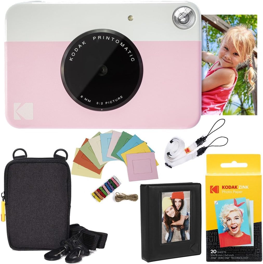 Kodak Printomatic camera front view in pink ready for instant prints