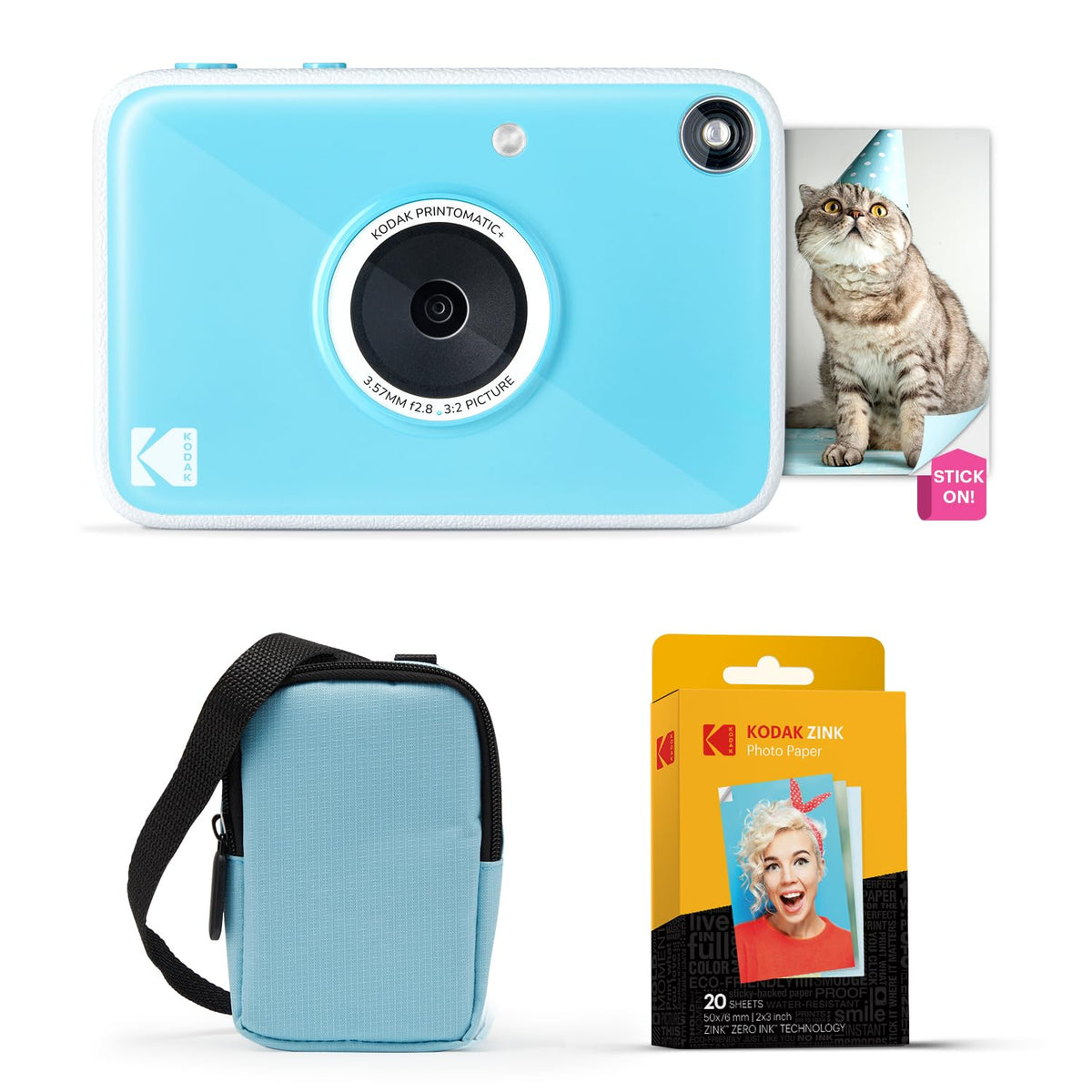 Kodak Printomatic front view in blue bundle for instant photos.