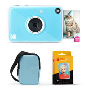 Kodak Printomatic front view in blue bundle for instant photos.
