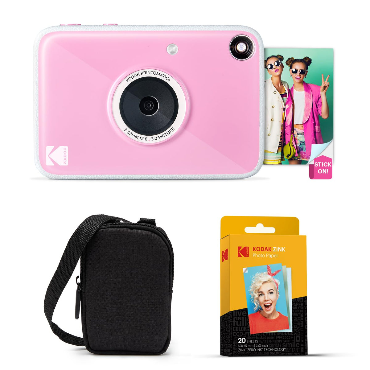 Kodak Printomatic pink front view, compact instant camera for quick memories