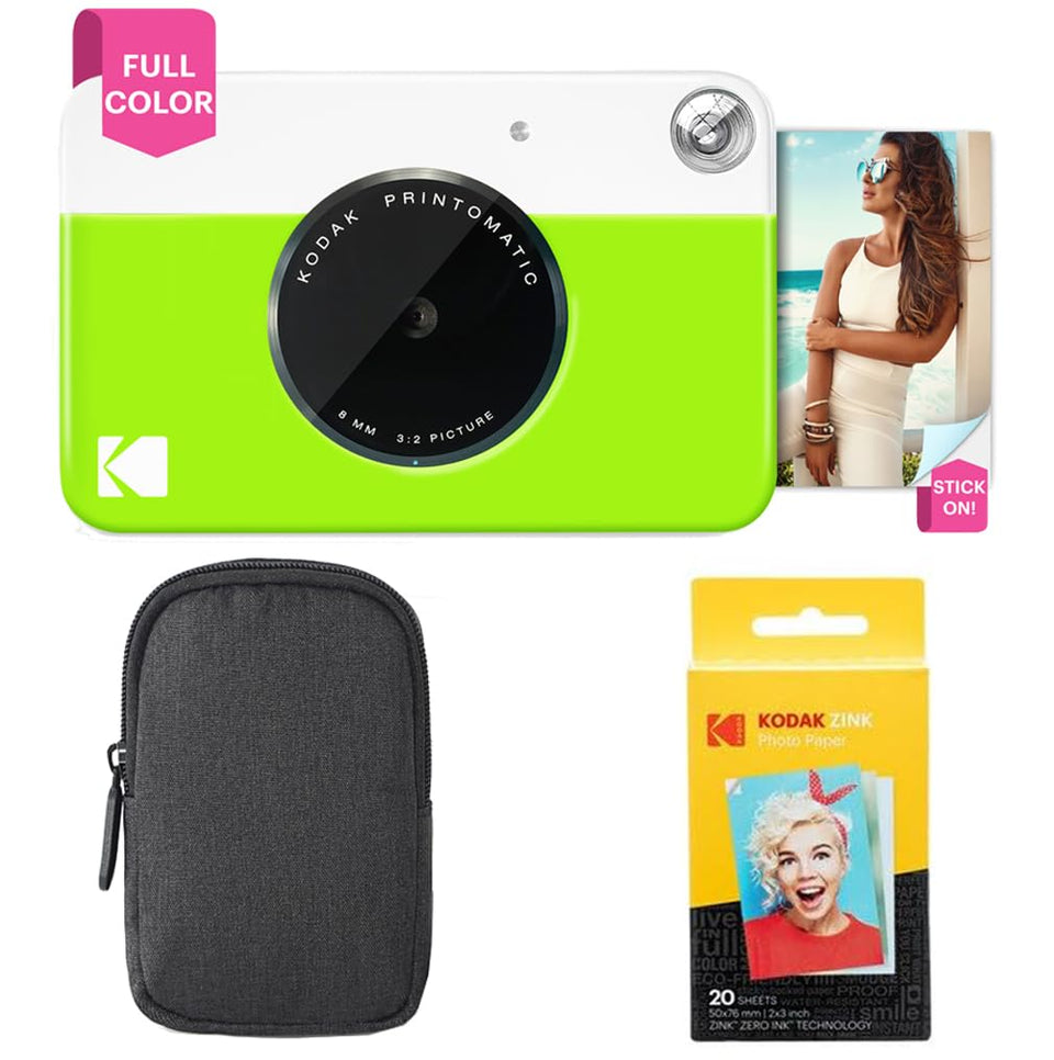 Kodak Printomatic green front view shows portable instant photography in action