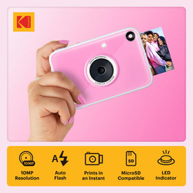 Kodak Printomatic Pink camera back view highlighting simple one-button operation