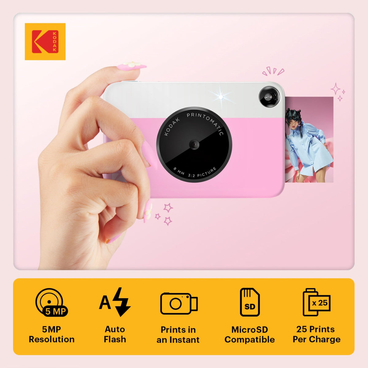 Kodak Printomatic pink camera back view, simple controls for instant photography