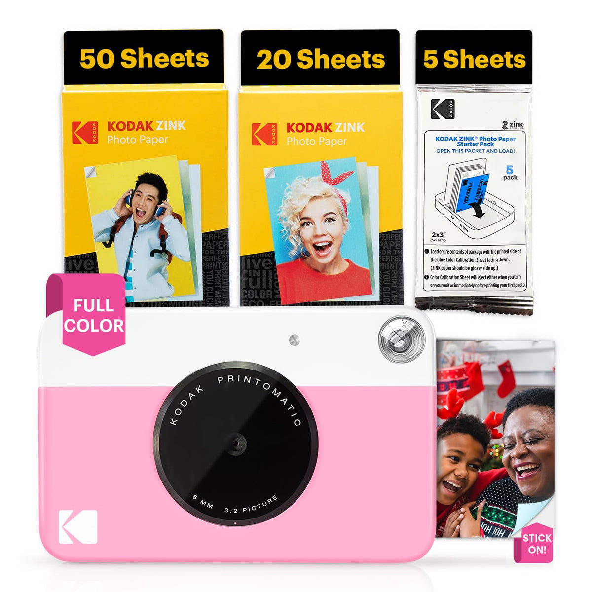 Kodak Printomatic pink camera front view for quick, vibrant instant prints.