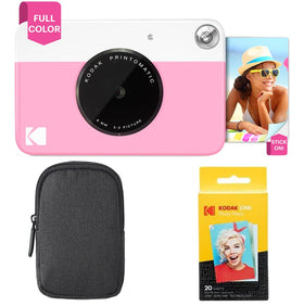 Kodak Printomatic pink camera front view, compact for easy on-the-go memories