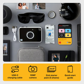 KODAK Printomatic+ photo emerging from printer slot, instant keepable memory benefit