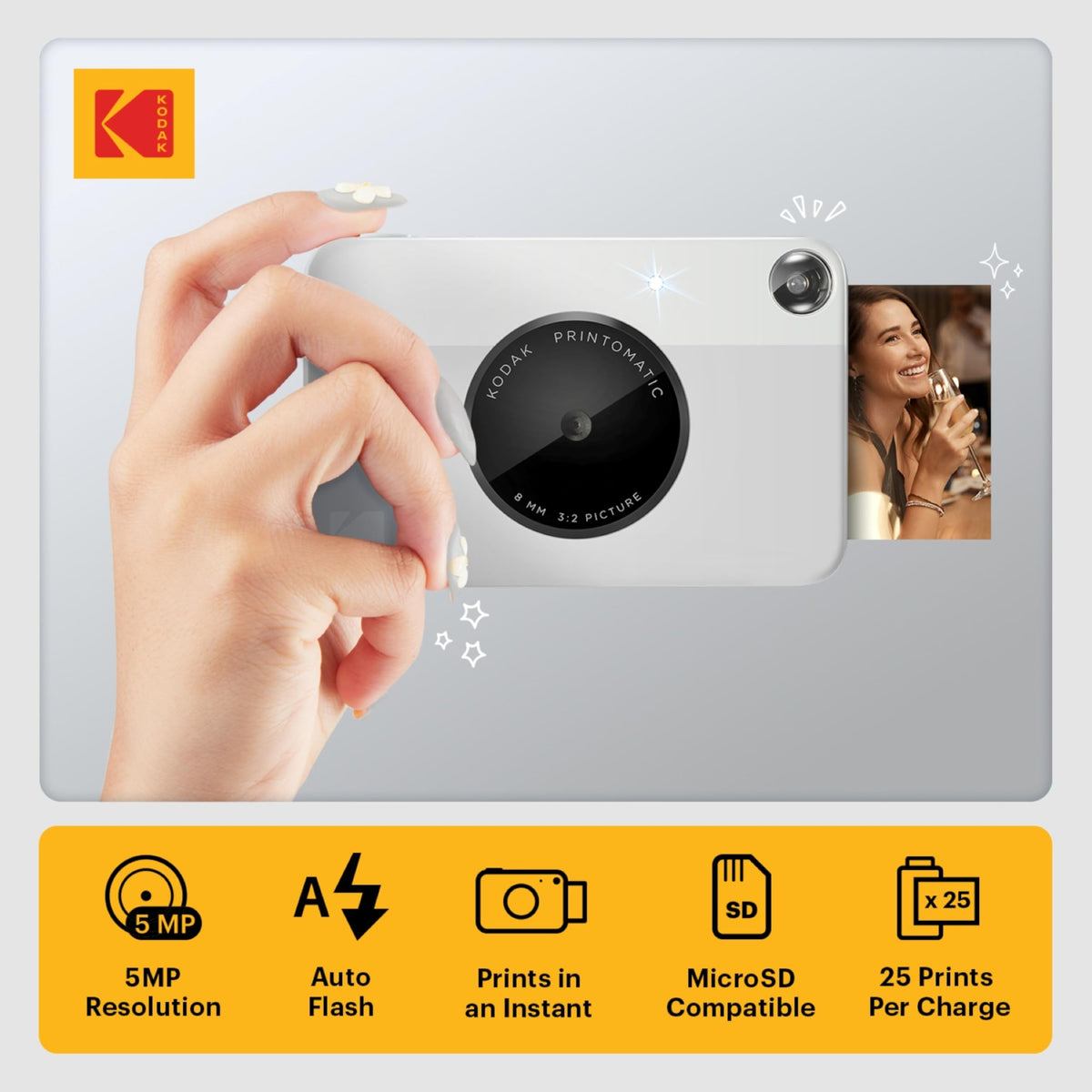 Kodak Printomatic gray side view highlighting pocket-sized portability.