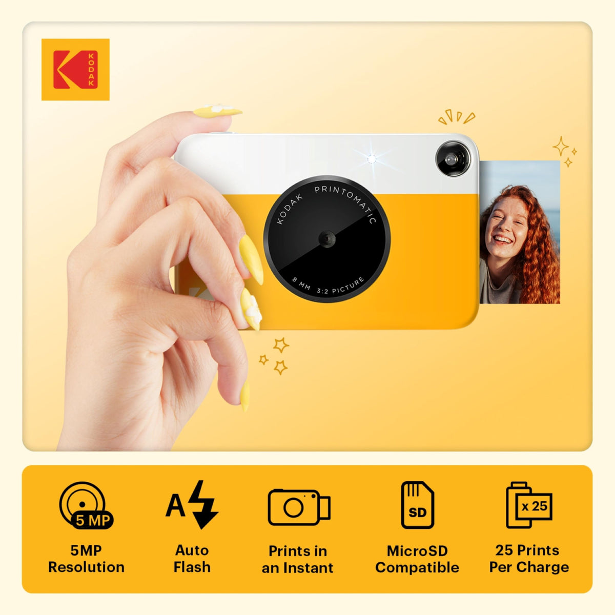 Kodak Printomatic yellow back view with accessible controls for quick shooting.