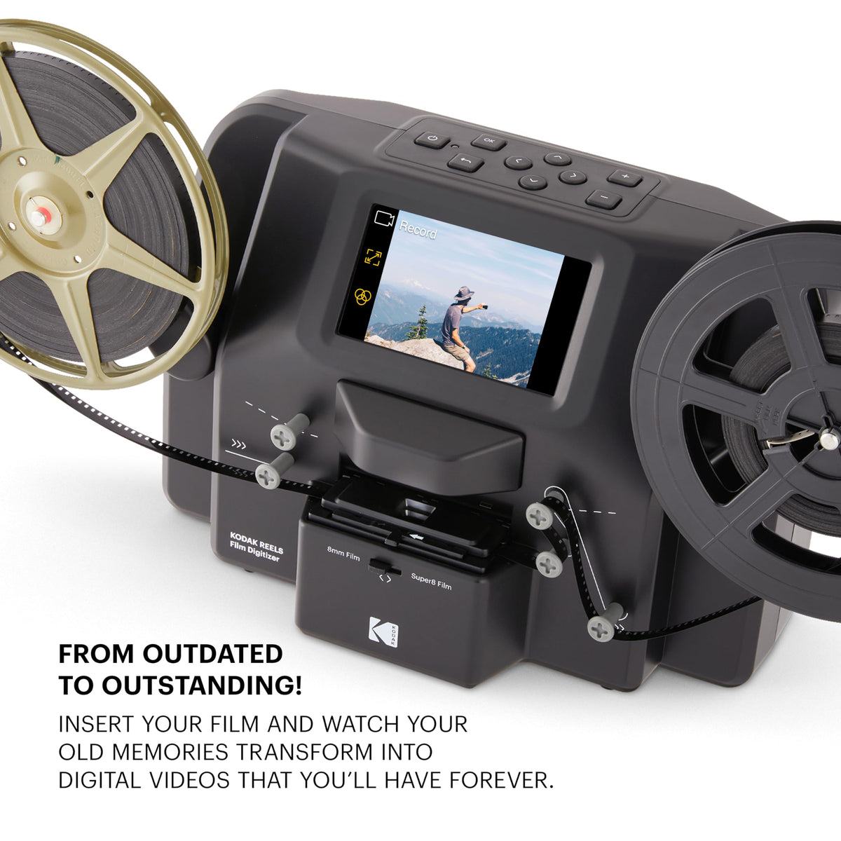 KODAK REELS 5-inch LCD screen close-up with on-device controls.