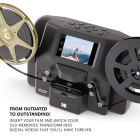 KODAK REELS 5-inch LCD screen close-up with on-device controls.