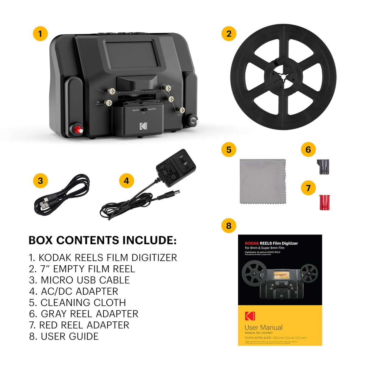 KODAK REELS reel adapters and cleaning cloth included for upkeep.