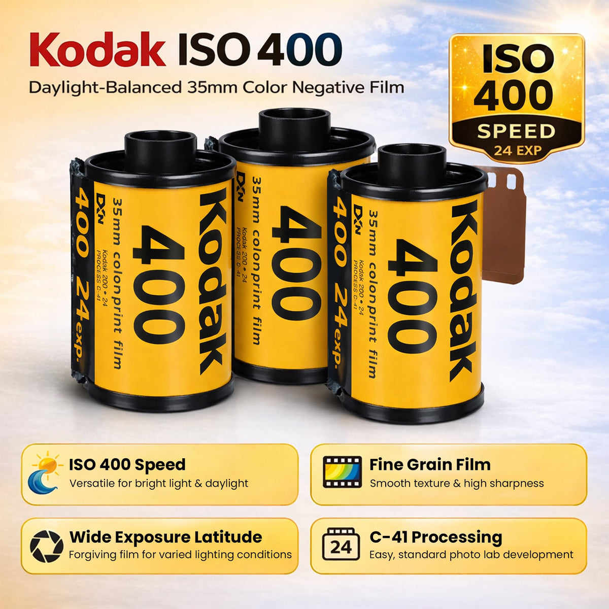 Kodak Ultramax 400 film roll close-up highlighting grain and texture benefits
