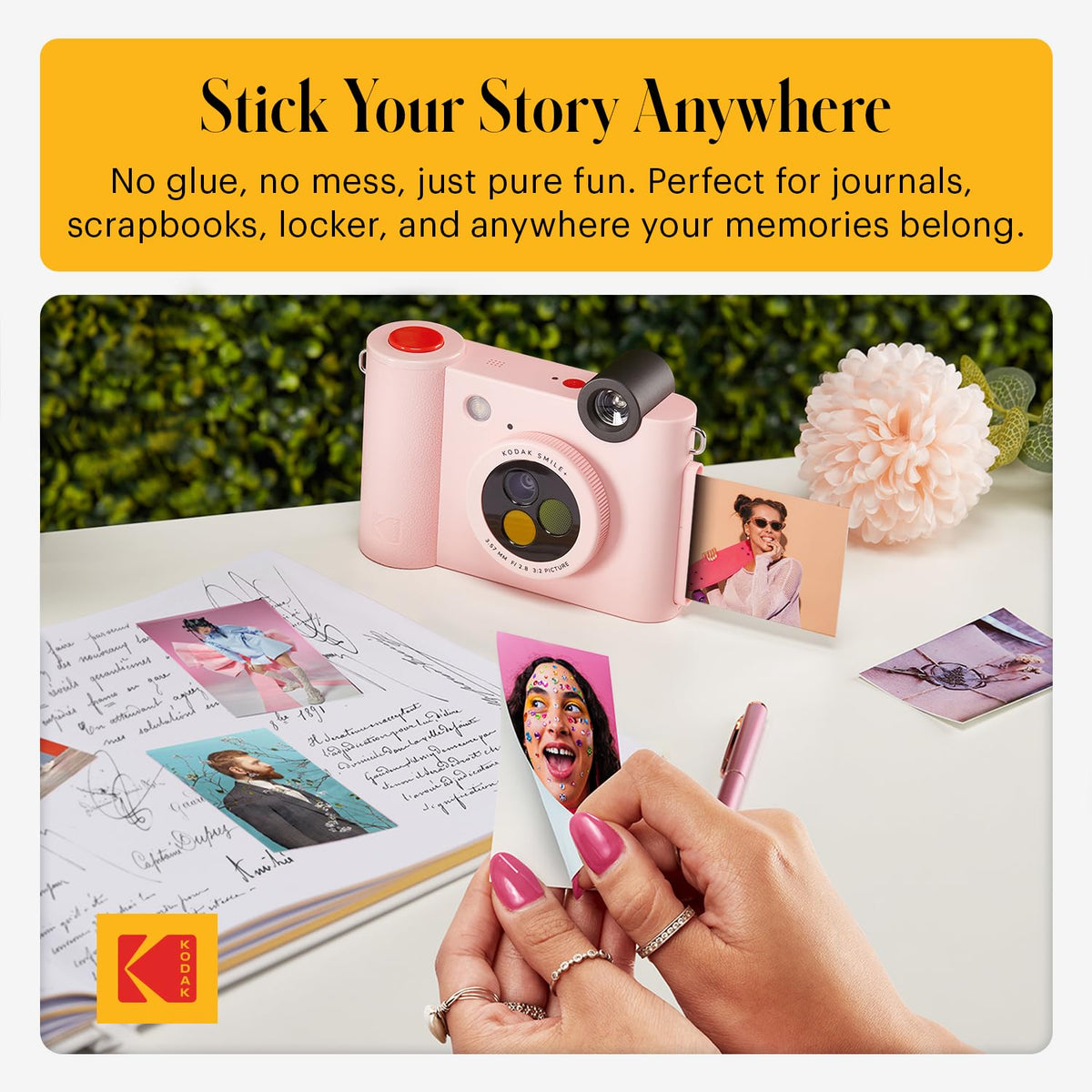 Kodak Smile+ app editing screen with text and stickers.