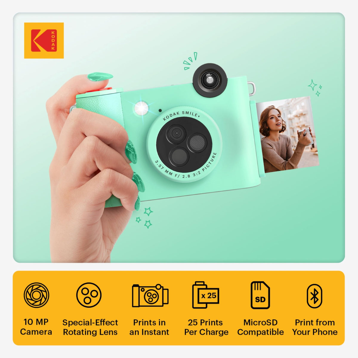 Kodak Smile+ inkless 2x3 photos print instantly without ink.