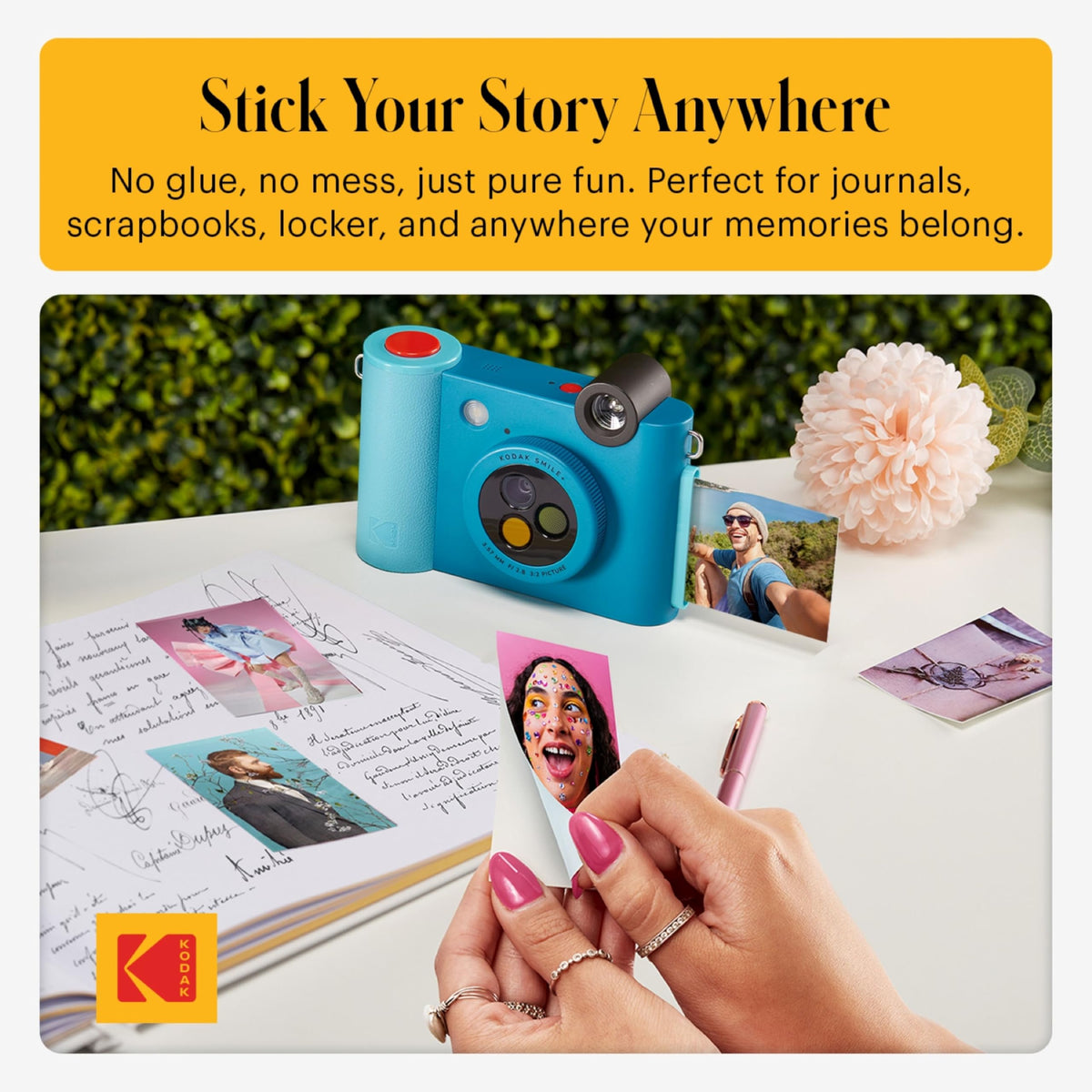 Kodak Smile+ photo paper and album with stickers for creative memory keeping.