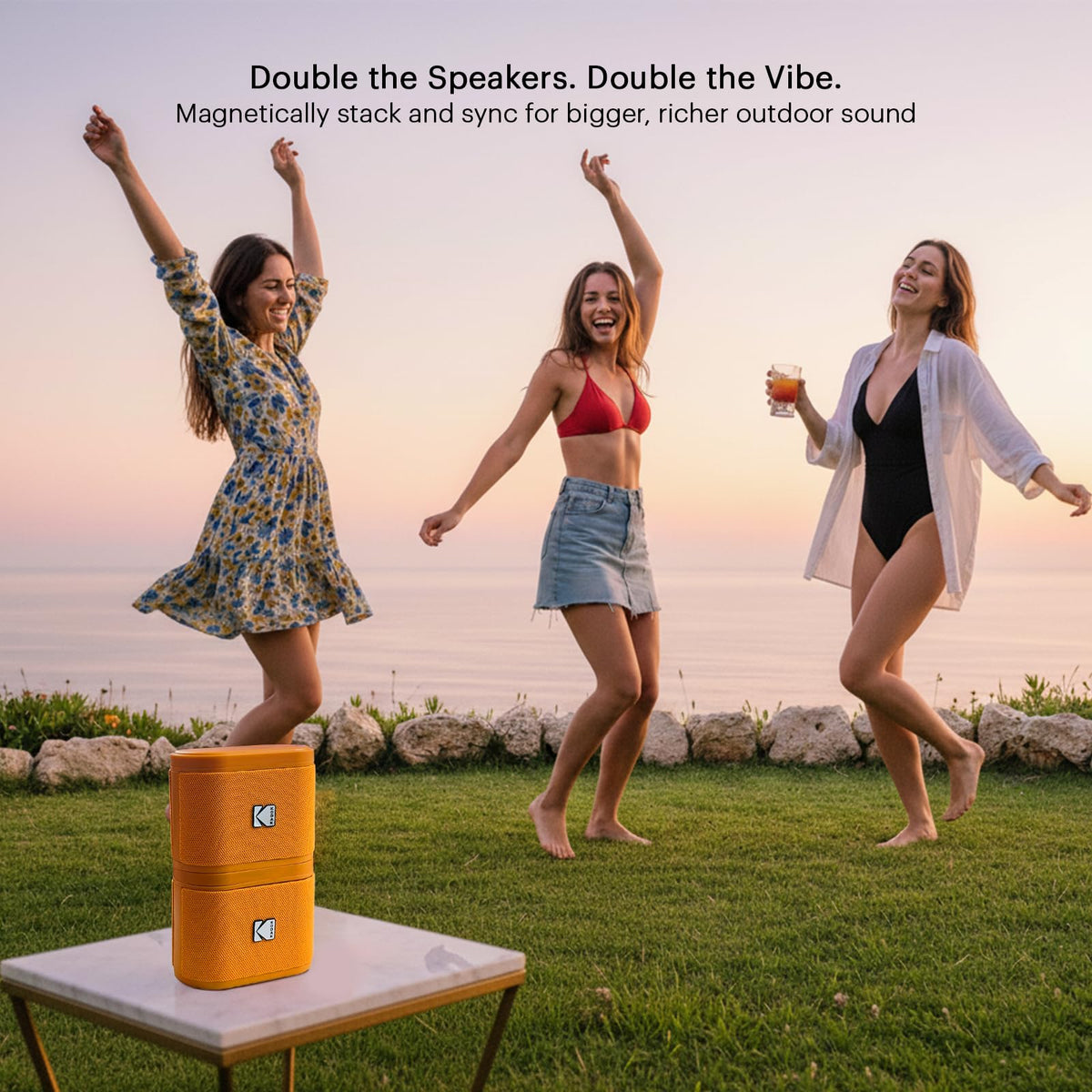 KODAK SOUNDBRIX on picnic blanket showing outdoor-ready splash protection