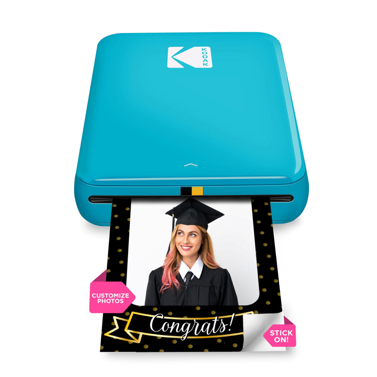 KODAK Step printer front view in blue for compact portability.