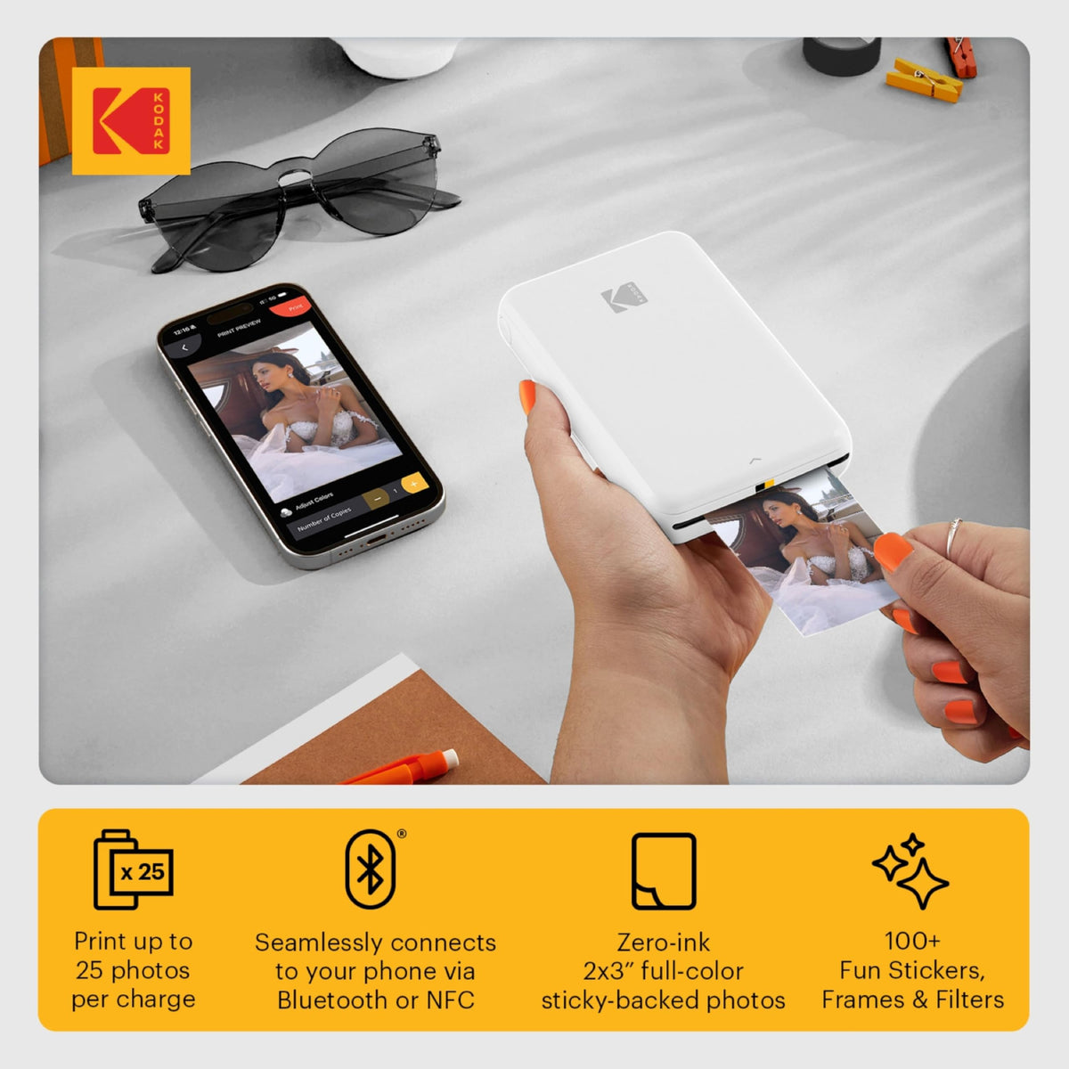 KODAK Step Printer produces peel-and-stick 2x3 photos with coating.