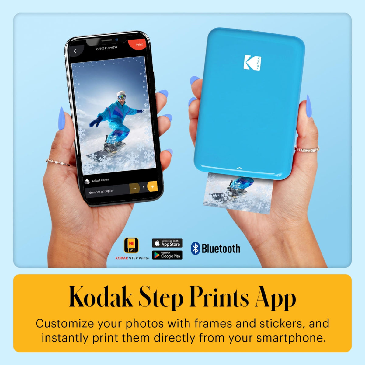 KODAK Step Printer blue app editing tools on screen.
