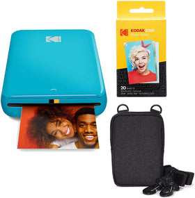 KODAK Step Printer blue front view, compact and portable for travel.