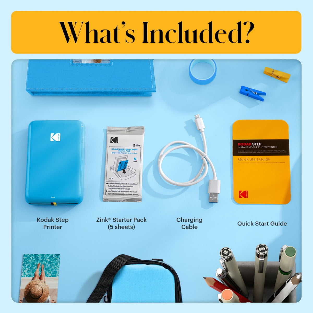 KODAK Step Printer blue paired with smartphone via Bluetooth.