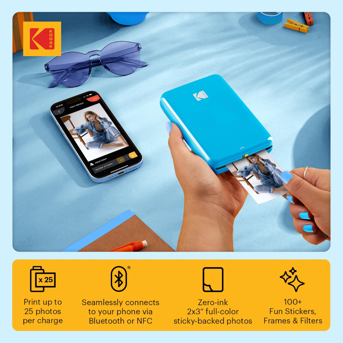 Kodak Step Printer blue pairing enables quick wireless printing from iOS and Android.
