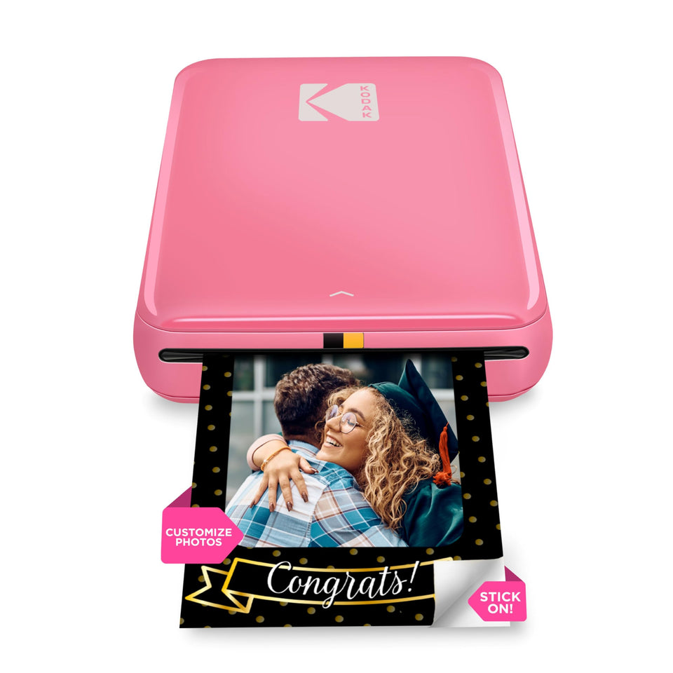 KODAK Step printer front view in pink, showcasing a compact on-the-go print