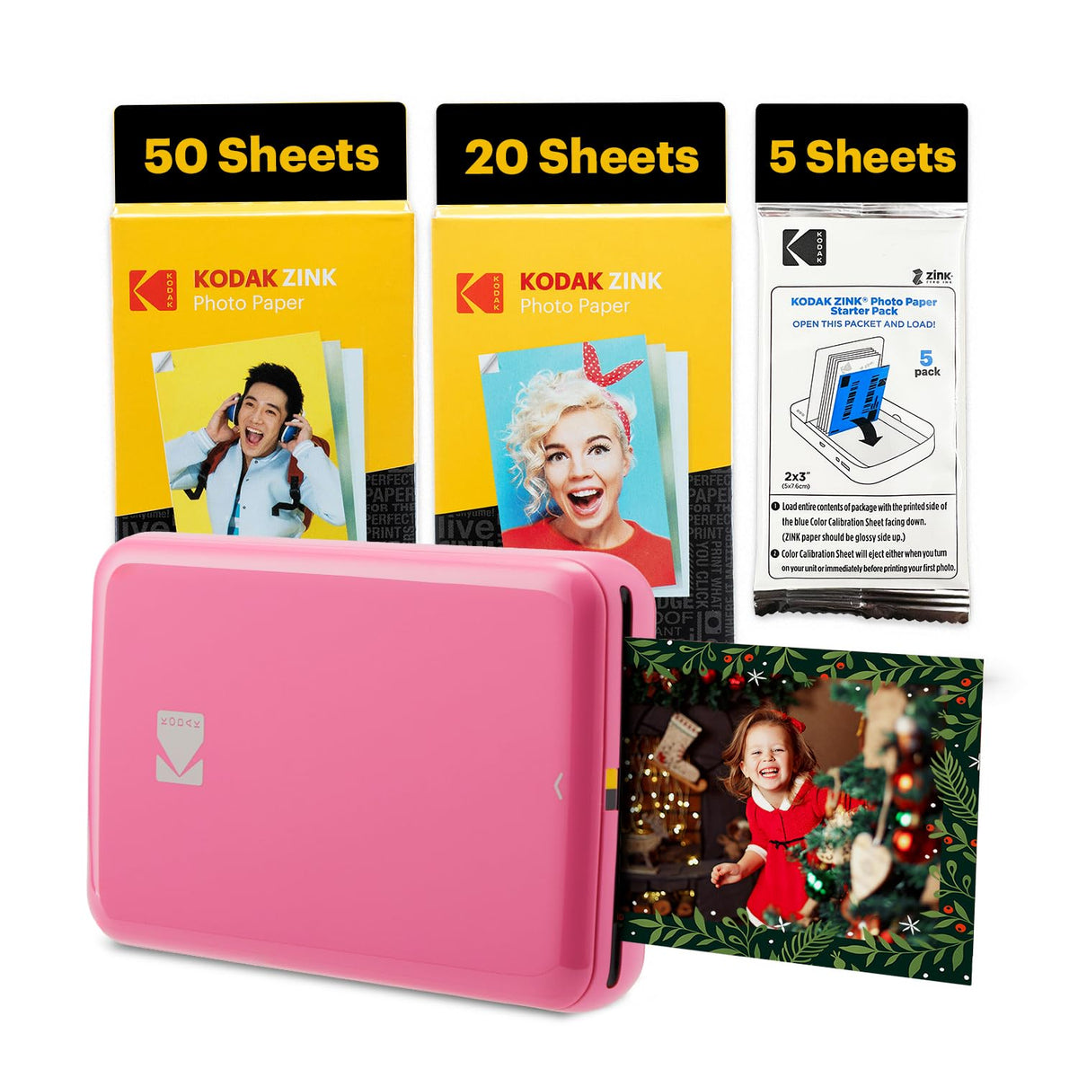 Kodak Step printer pink front view for portable on-the-go photo printing.