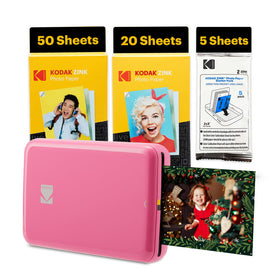 Kodak Step printer pink front view for portable on-the-go photo printing.