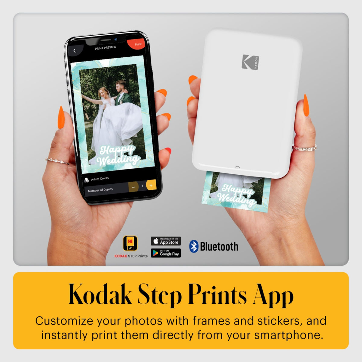 Compact, palm-sized KODAK Step Printer designed for travel and events.