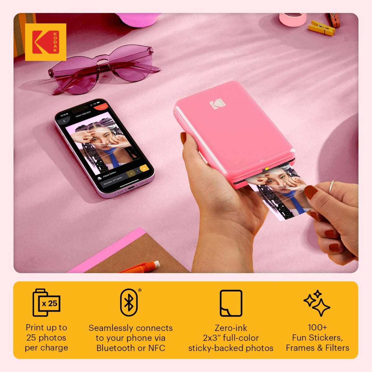 KODAK Step Printer uses ZINK 2x3 paper for durable, sticky-back photo prints.