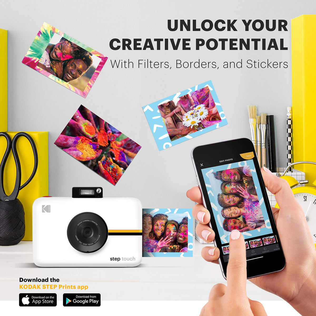 Kodak Step Touch prints 2x3 photos with moisture and tear resistant coating.
