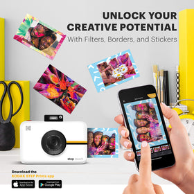 Kodak Step Touch prints 2x3 photos with moisture and tear resistant coating.