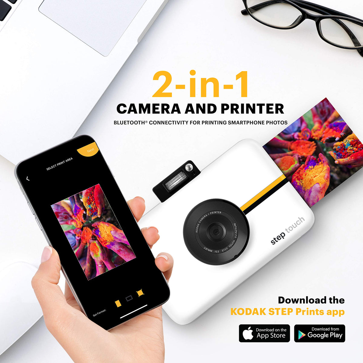 Kodak Step Touch built in printer creates 2x3 sticky-back photos on the go.