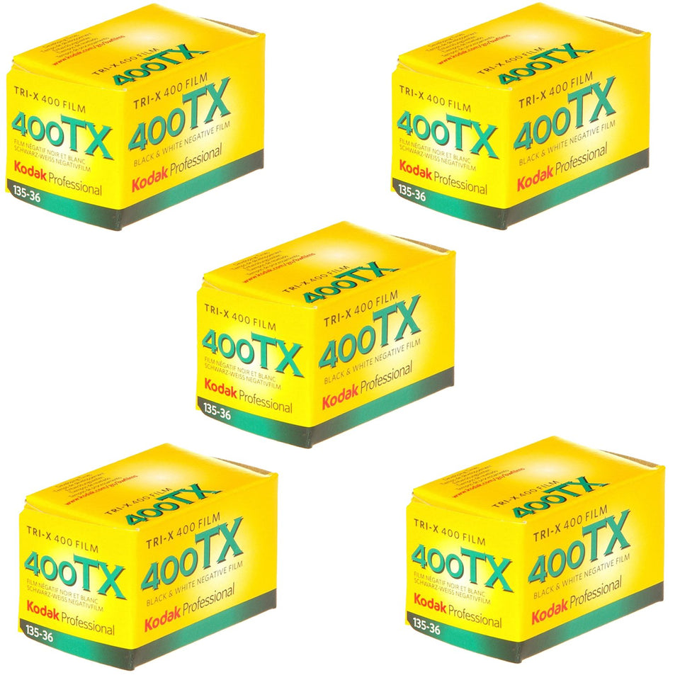 KODAK Tri‑X front packaging showing pack of five rolls and shooting benefit