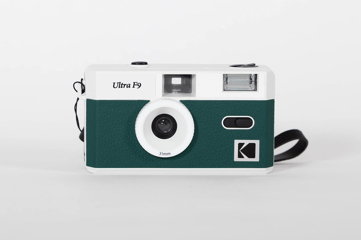 Kodak Ultra F9 35mm camera front view with built-in flash for easy shooting.