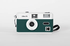 Kodak Ultra F9 35mm camera front view with built-in flash for easy shooting.