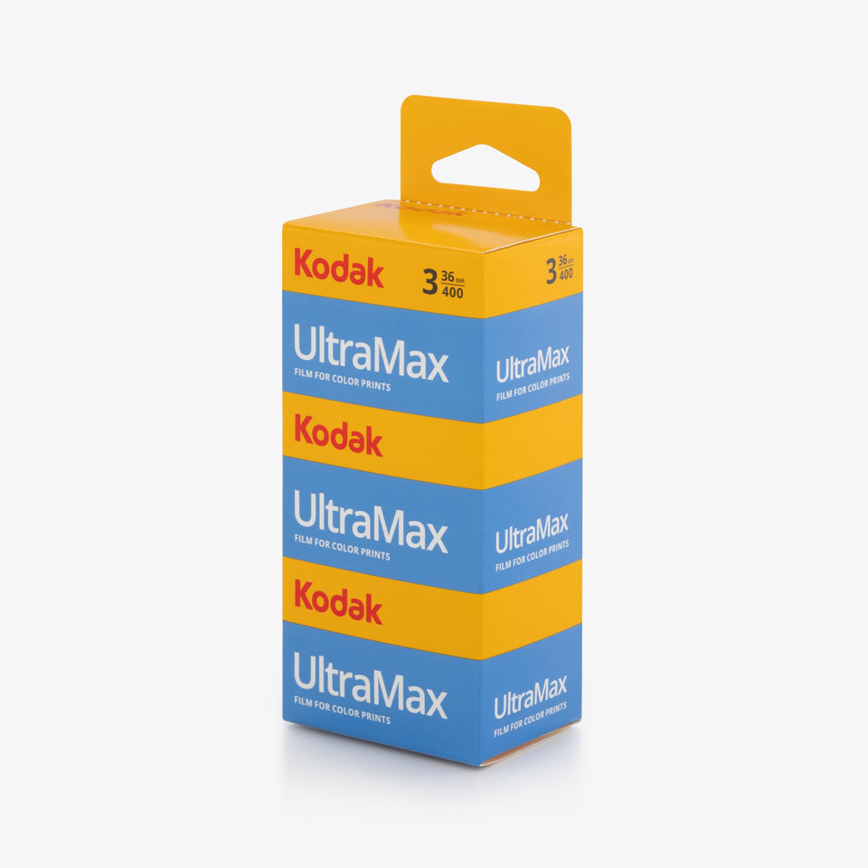 Kodak Ultra Max 400 135-36 packshot highlighting versatile color film for indoor and outdoor shots.