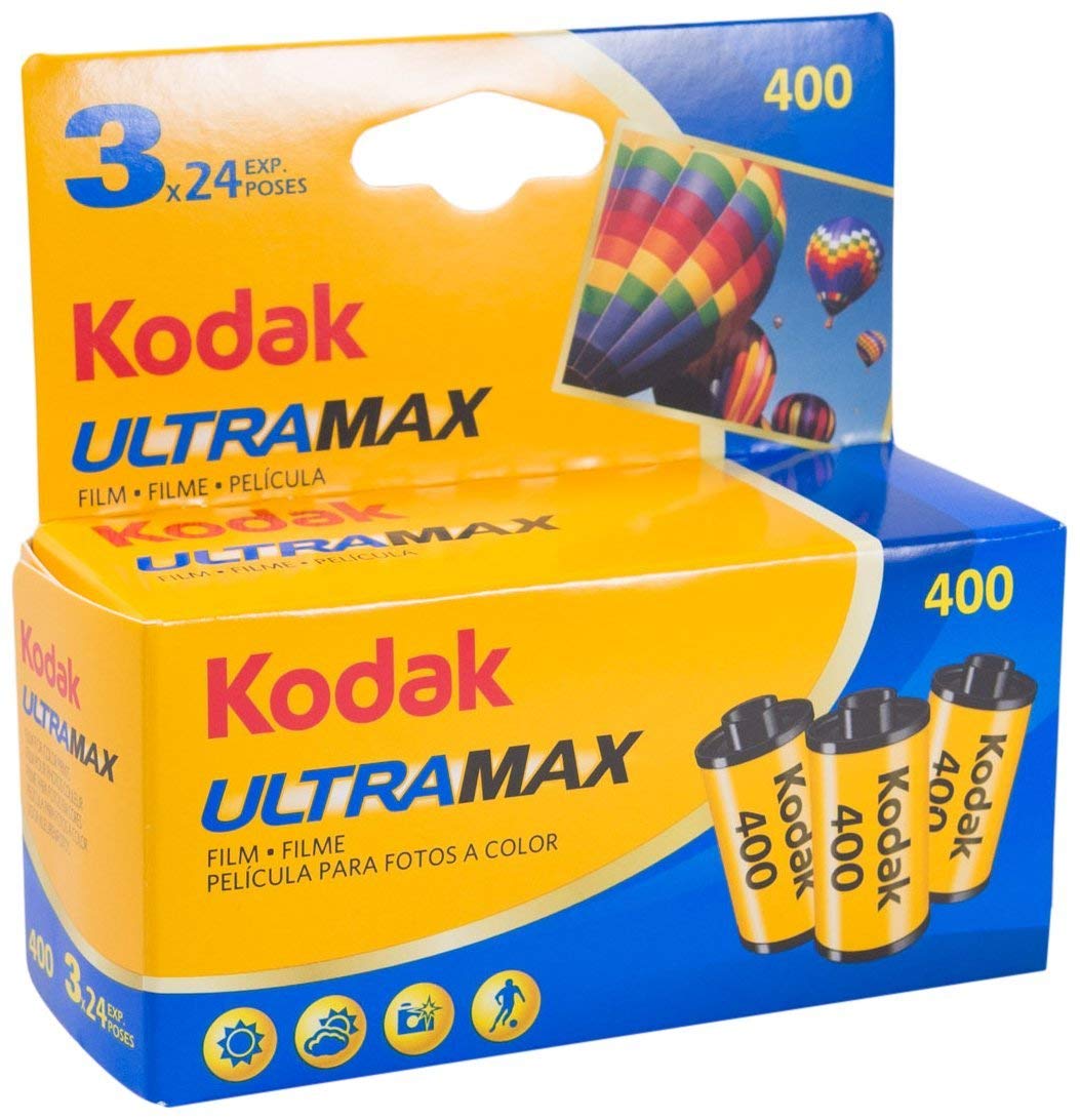 Kodak Ultra Max 400 film blue-yellow pack, ideal for outdoor and low-light shots.