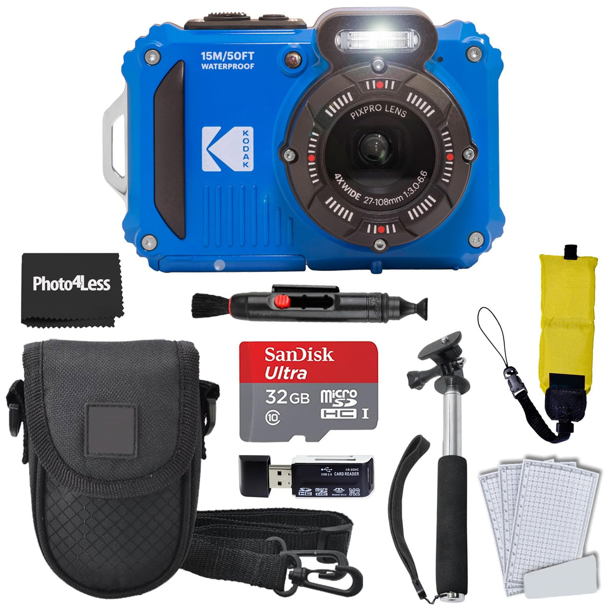 Kodak PIXPRO WPZ2 front view in blue, rugged design for outdoor photography.
