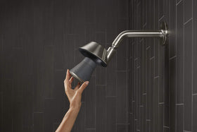 Kohler Moxie brushed nickel detail with finish and controls.